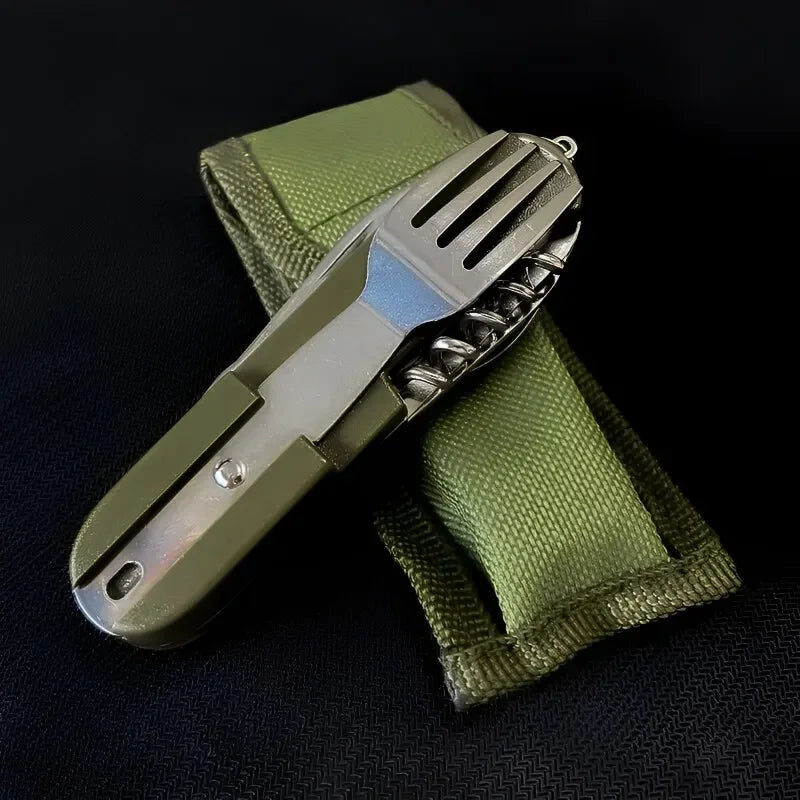 Military Green Stainless Steel Foldable Outdoor Tableware Set 7 in 1