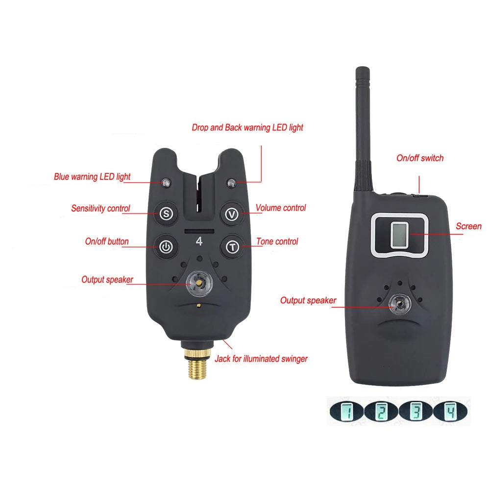 AquaAlert Pro 4+1 Wireless Fishing Bite Alarm Set with LED Swingers & EVA Case