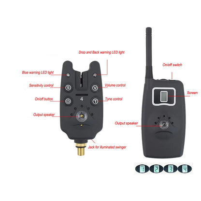 AquaAlert Pro 4+1 Wireless Fishing Bite Alarm Set with LED Swingers & EVA Case