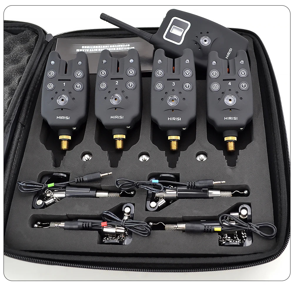 AquaAlert Pro 4+1 Wireless Fishing Bite Alarm Set with LED Swingers & EVA Case