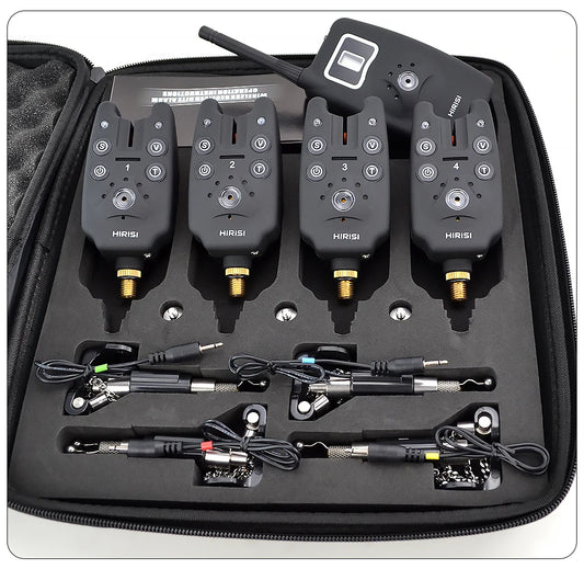AquaAlert Pro 4+1 Wireless Fishing Bite Alarm Set with LED Swingers & EVA Case