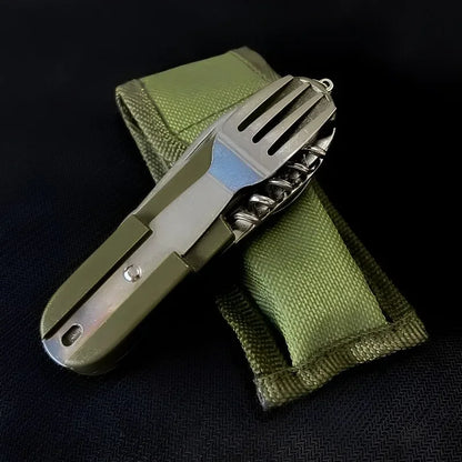 Military Green Stainless Steel Foldable Outdoor Tableware Set 7 in 1