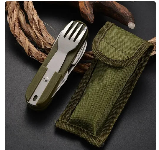 Military Green Stainless Steel Foldable Outdoor Tableware Set 7 in 1