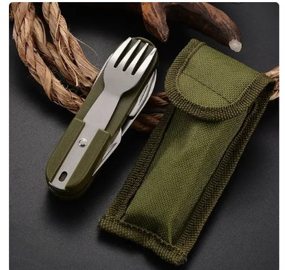 Military Green Stainless Steel Foldable Outdoor Tableware Set 7 in 1