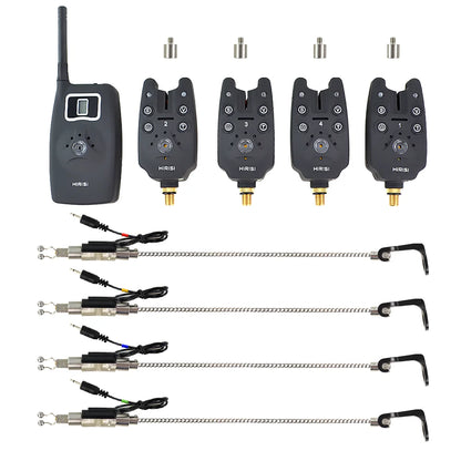 AquaAlert Pro 4+1 Wireless Fishing Bite Alarm Set with LED Swingers & EVA Case