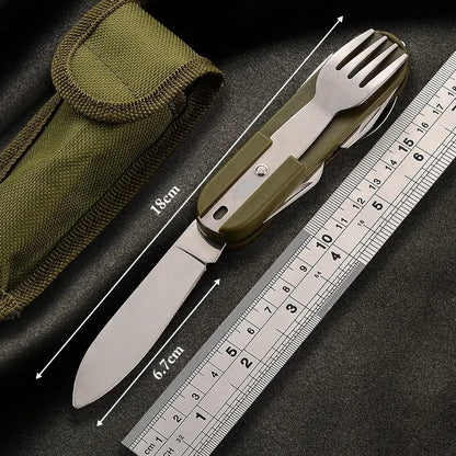 Military Green Stainless Steel Foldable Outdoor Tableware Set 7 in 1