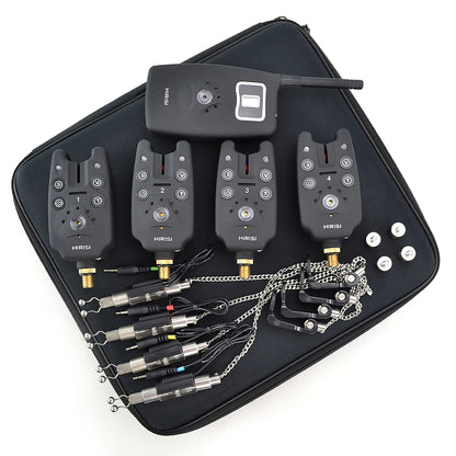 AquaAlert Pro 4+1 Wireless Fishing Bite Alarm Set with LED Swingers & EVA Case